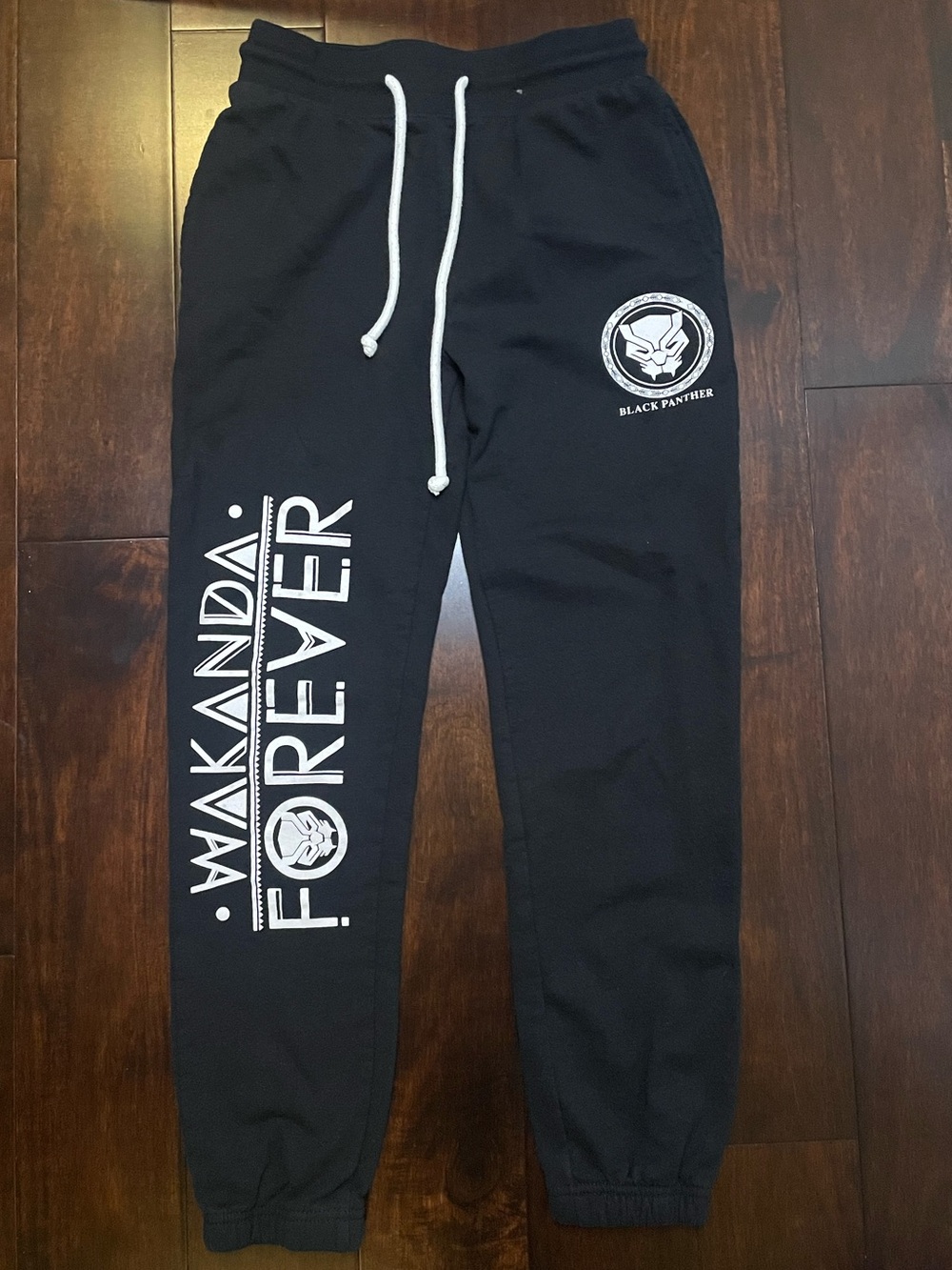 Marvel Black Jogger Pants with White Wakanda Forever Graphics